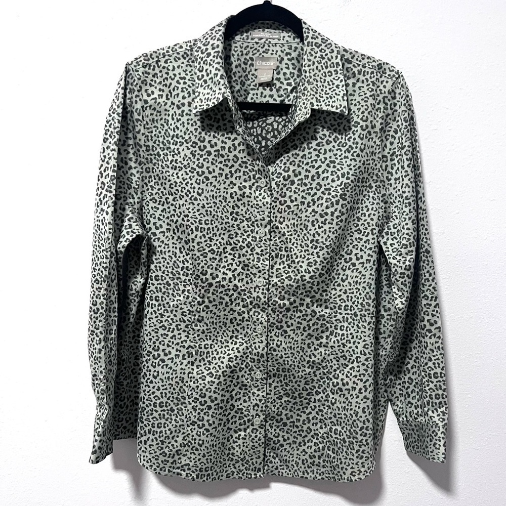 Chico's no iron black and gray Leopard Print Blouse 12/14